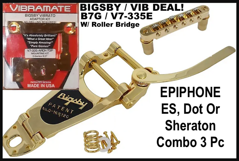 Bigsby B7 Vibrato, Vibramate V7335E (8") GOLD, W/ Roller Bridge, EZ Bolt-On! Fits Epiphone ES335/Dot/Sheraton