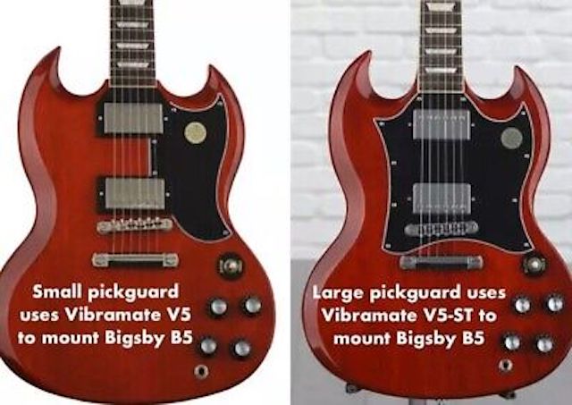 Vibramate V5 Short Tail Silver 4 SG w/ Batwing pickguard, bolt-on Bigsby B5 Vibrato Adapter